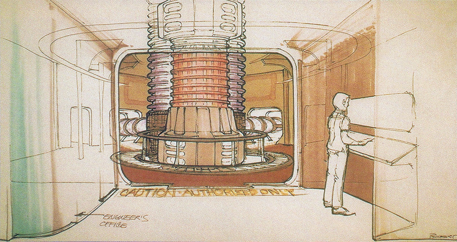 A hand-sketched concept art from Star Trek: The Next Generation is pictured here. It depicts the main reactor core in the center of the frame, with a single engineer standing at a computer terminal on the right half of the image. An empty doorway is on the left half of the image, with an arrow on the ground pointing towards it labelled "Engineer's Office". Sketched outlines around the perimeter of the drawing show columns and doorways leading to other portions of Engineering.